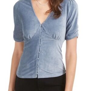 American Rag light blue velour top with v neck and buttons. Size M juniors